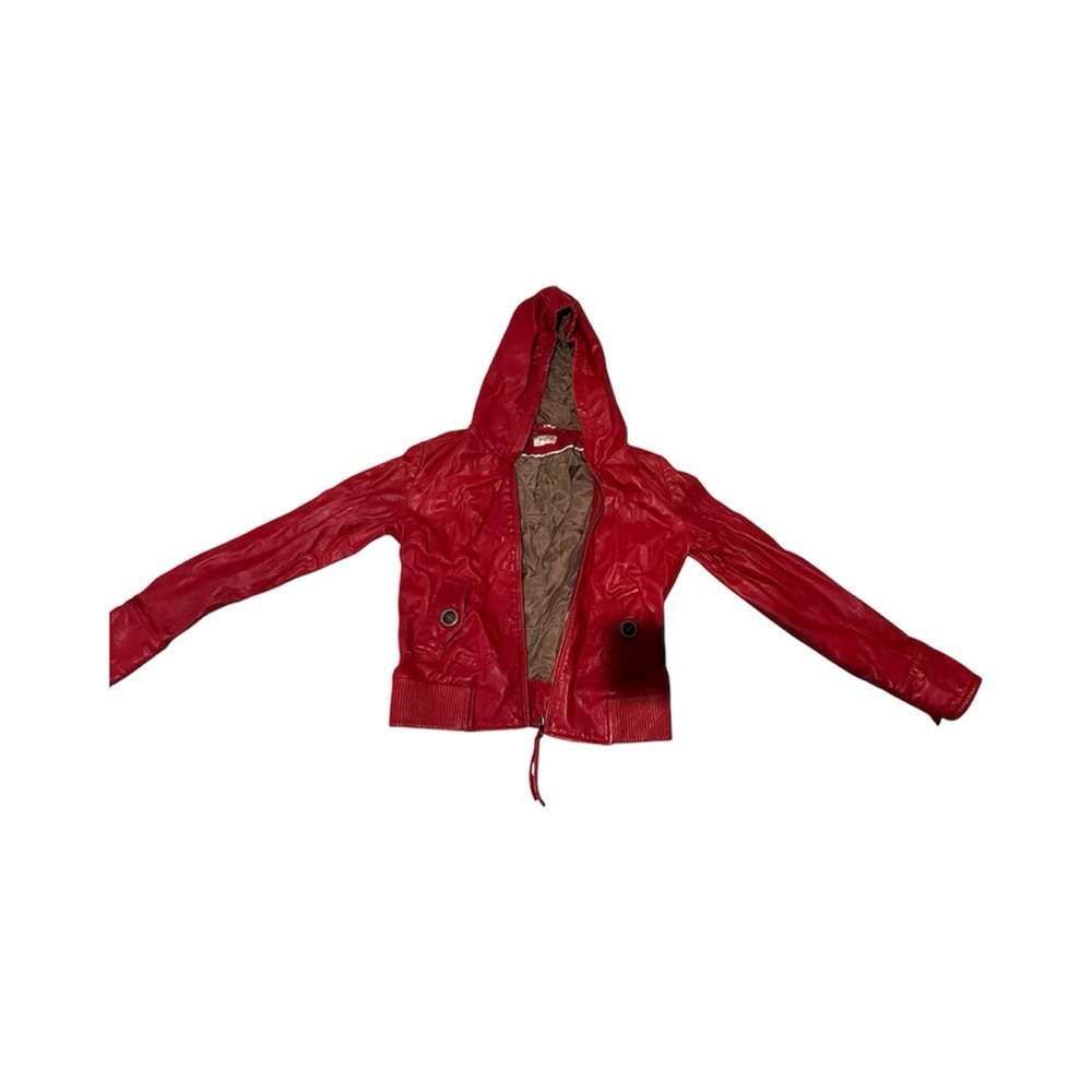 Red Genuine Leather Hooded Jacket